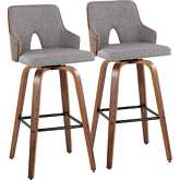 Stella 30" Swivel Bar Stool in Walnut Wood, Light Grey Fabric & Black Footrest (Set of 2)